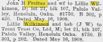 Lillie Wilkinson buys lot 21, block 107, Palolo Valley (Kaimuki) - deed and Trent Trust mortgage - Pacific Commercial Advertiser - 28 May 1908 - Page 6
