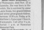 Sarah Helen Wilkinson - Obituary, Honolulu Star-Bulletin, 27 Nov 2001 Sarah Helen Wilkinson - Obituary, Honolulu Star-Bulletin, 27 Nov 2001
