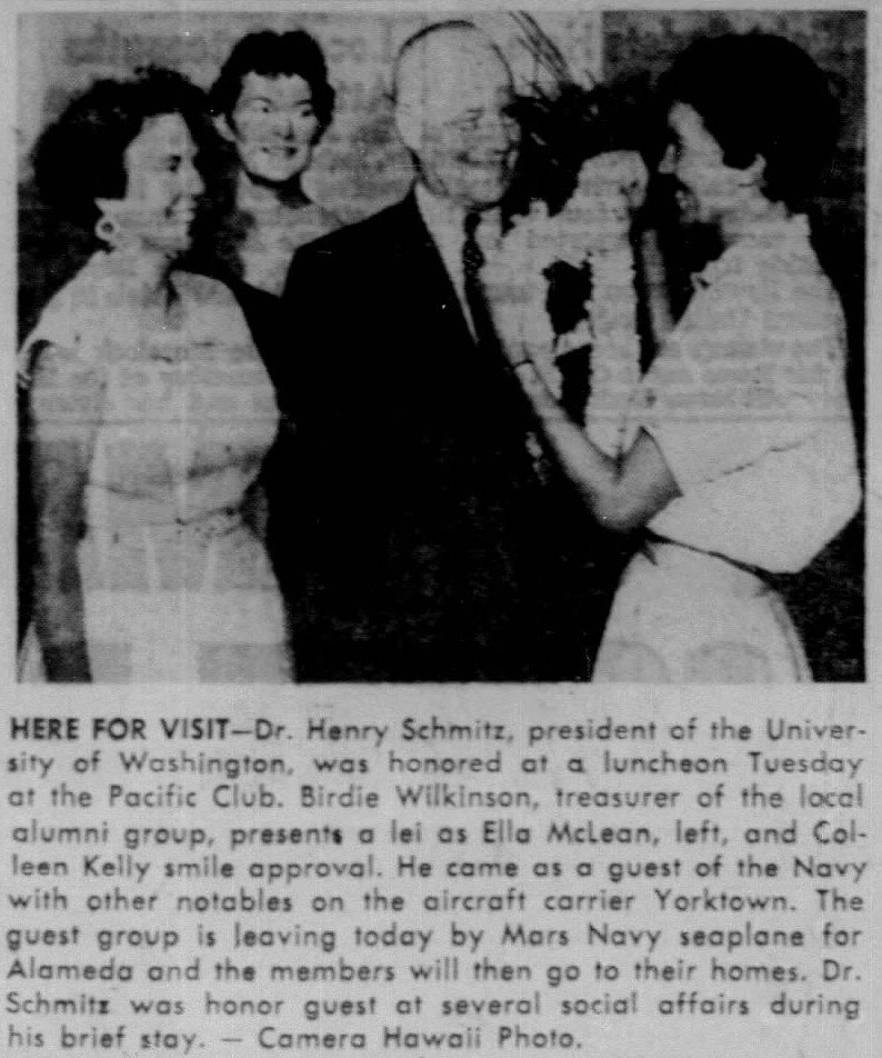 Birdie Wilkinson presents a lei to Dr. Henry Schmitz, 1954