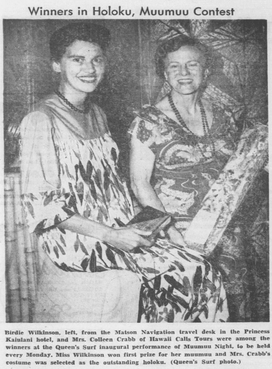 Birdie Wilkinson and Colleen Crabb, Muumuu Night winners, 1955